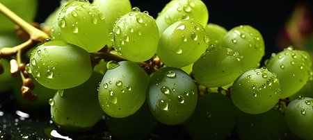 Water Drops on Group of Delicious Fresh Green Grapes As Defocused Background Imageの素材