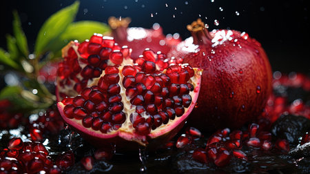 Group of Fresh Pomegranate Fruit with Water Drops on Defocused Background Imageの素材