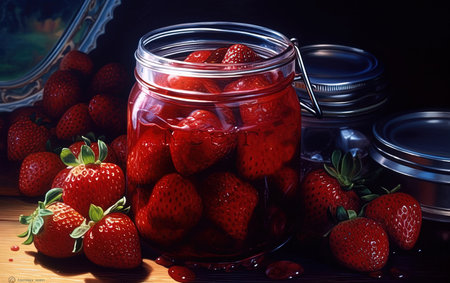 Homemade Strawberry Preserves or Jam in a Mason Jar Surrounded By Fresh Organic Strawberries Selective Focus with Blurred Foreground and Background Imageの素材