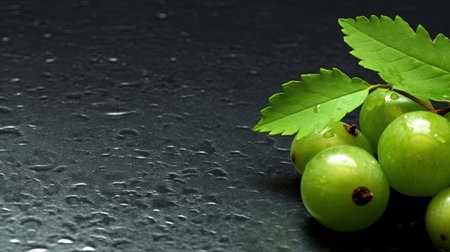 Group of Fresh Green Gooseberry Fruits On Green Background with Copy Space Selective Focus Imageの素材