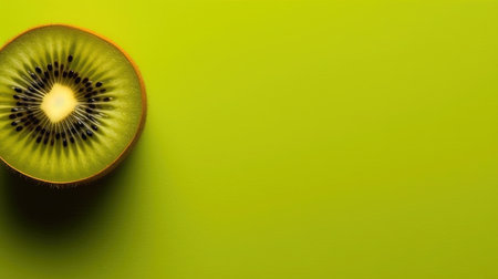 Group of Whole and Half Green Kiwi Fruits On Green Background with Copy Space Selective Focus Imageの素材
