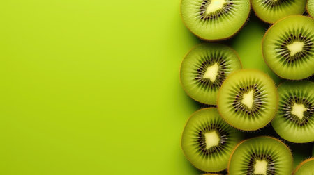 Group of Whole and Half Green Kiwi Fruits On Green Background with Copy Space Selective Focus Imageの素材