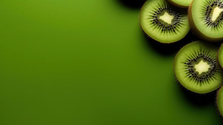 Group of Whole and Half Green Kiwi Fruits On Green Background with Copy Space Selective Focus Imageの素材