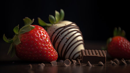 Close Up of Delicious Fresh Red Strawberry Soverte and Chocolate in Shell On Defocused Dark Background Imageの素材