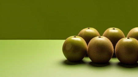 Group of Whole and Half Green Kiwi Fruits On Green Background with Copy Space Selective Focus Imageの素材