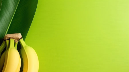 Top View Delicious Group of Yellow and Green Bananas On Green Background with Copy Space Selective Focus  Imageの素材