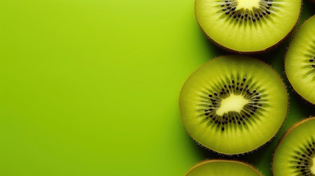 Group of Whole and Half Green Kiwi Fruits On Green Background with Copy Space Selective Focus Imageの素材