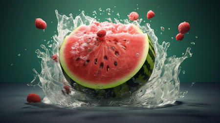 Group of Delicious Fresh Green Watermelon With Splashing Water on Dark Defocused Background Imageの素材