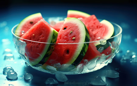 Group of Delicious Fresh Green Watermelon With Splashing Water on Dark Defocused Background Imageの素材