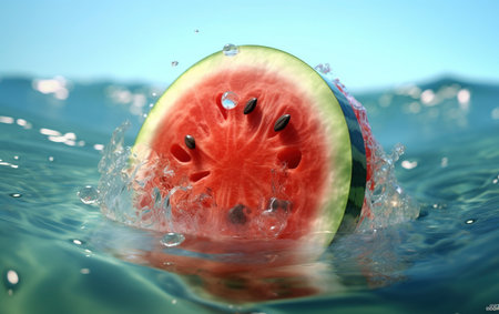 Water Splashing on Group of Delicious Fresh Green Watermelon and Slices Background Selective Focus Imageの素材