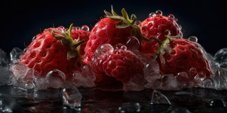 Frosted Group of Delicious Fresh Red Strawberry As Defocused Dark Background Imageの素材