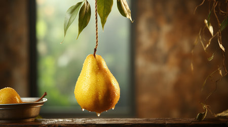 Hanging Fresh Organic Yellow Whole Pear in Kitchen Selective Focus with Blurred Foreground and Background Imageの素材
