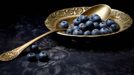 Group of Fresh Blueberry Fruits poon and Plate On Dark Bokeh Background Imageの素材