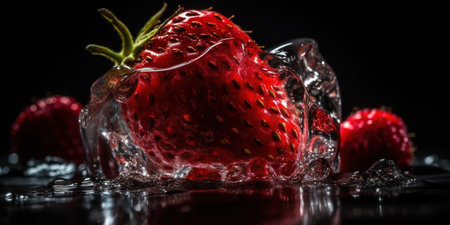 Frosted Group of Delicious Fresh Red Strawberry As Defocused Dark Background Imageの素材