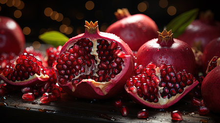 Group of Fresh Pomegranate Fruit with Water Drops on Defocused Background Imageの素材