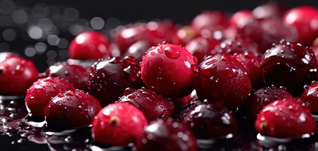 Water Drops on Group of Fresh Cranberries As Defocused Background Close Up Image Selective Focus Imageの素材