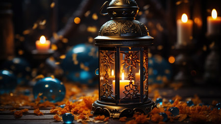 Ramadan Arabian Vintage Lantern with Burning Candle on Defocused Background Imageの素材