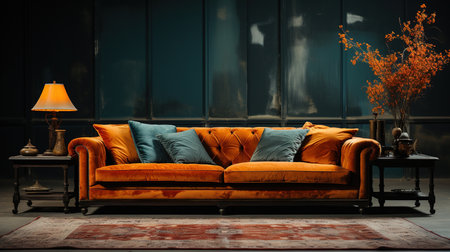 Orange Sofa with a Dark Gray Empty Rustic Wall Behind Persian Rug on Floor Lux Side Table in Living Room Background Imageの素材