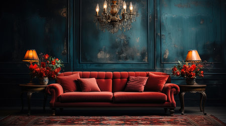 Red Sofa with a Dark Gray Empty Rustic Wall Behind Persian Rug on Floor Lux Side Table in Living Room Background Imageの素材