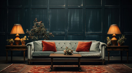 A Leather Dark Grey Sofa with a Dark Gray Empty Wall Behind Persian Rug on Floor Lux Side Table Living Room Background Imageの素材