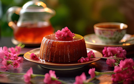 Hibiscus Flower Tea Flavor Red Cake in Plate with a Cup of Tea on Table Top Selective Focus Imageの素材