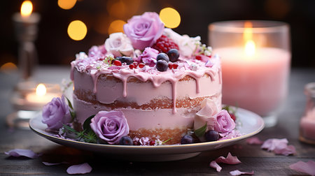 A Cake with a Purple and Pink Frosting with Candles on Wooden Table Top Shimmering Lights Background Imageの素材