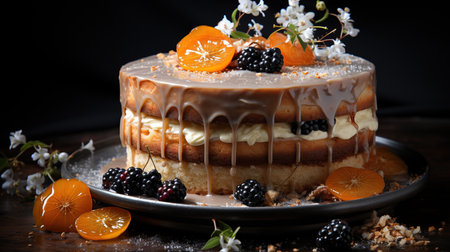 Dark Cake With Dripping Chocolate Syrup and Decorated Fruits Moody Food Photography Defocused Background Imageの素材