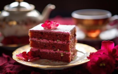 Hibiscus Flower Tea Flavor Red Cake in Plate with a Cup of Tea on Table Top Selective Focus Imageの素材