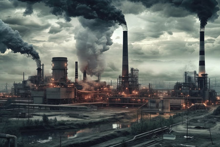 Smoke Rising From Coal-Fired Power Plants Against a Cloudy Sky Defocused Background Imageの素材