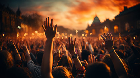 Hands in The Air of A Crowd at A Music Festival At Sunset Blurry Background Imageの素材