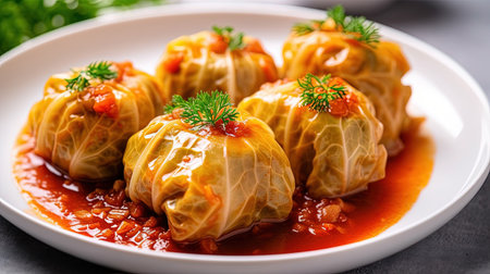 Cabbage Rolls Stuffed with Ground Beef and Rice Served on a White Plate Defocused Background Imageの素材