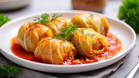 Cabbage Rolls Stuffed with Ground Beef and Rice Served on a White Plate Defocused Background Imageの素材