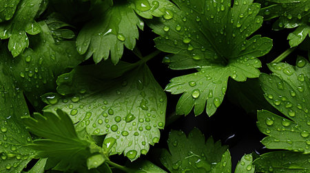 Water Drops on Fresh Coriander Leaves As Background Defocused Imageの素材