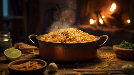 Delicious Hot Rice Dish in Bowl on Smoky Blurry Background Imageの素材
