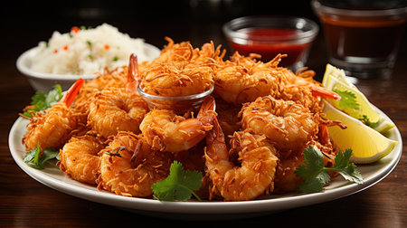 A Plate of Crispy and Flavorful Coconut Shrimp with a Sweet Chili Dipping Sauce on Blurry Background Imageの素材