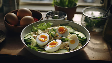 Boiled Sliced Eggs With Cucomber Slices in Bowl on Table Top Selective Focus Background Imageの素材