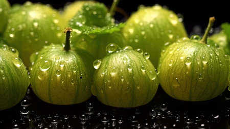 Water Drops Fresh Organic Gooseberries on Defocused Background Imageの素材