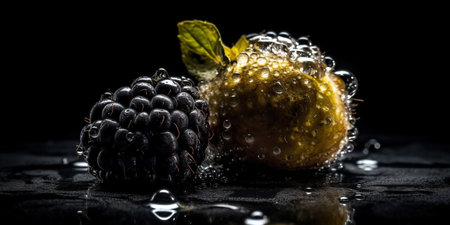 Iced Yellow Lemons and Slices and Leaves on Selective Focus Background Imageの素材