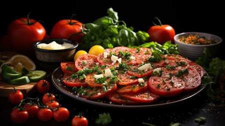 Red Tomatoes and Slices plates Background Defocused Imageの素材