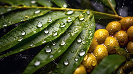 Water Drops on Fresh Green Curry Leaves Background Defocused Imageの素材