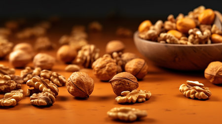 Top View Walnuts With Copy Space on Selective Focus Dark Texture Background Imageの素材