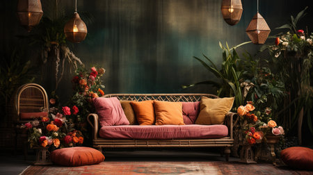 Antique Sofa Decorated With Colorful Flowers and Lantern in Defocused Vintage Background Imageの素材