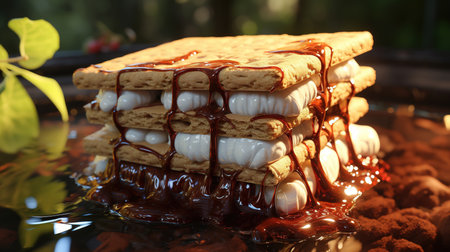 Delicious Slices of Bread Filled With Cream and Chocolate Dripping on It on Wooden Table Selective Focus Imageの素材