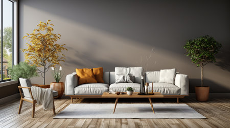 Living Room With Grey Walls A Lot of Wall Space and Light Colored Sofa Simple Interior Background Imageの素材