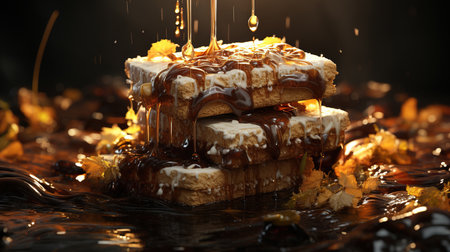 Slices of Bread Filled With Cream and Chocolate Dripping on It Selective Focus Imageの素材