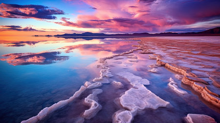 Salt Lake Reflections Crystalline Surface Vivid Colors Sunset Landscape Background Imageの素材