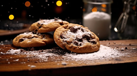 Delicious Chocolate Chip Cookies on Blurry dark Background Imageの素材