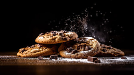 Delicious Chocolate Chip Cookies on Blurry dark Background Imageの素材