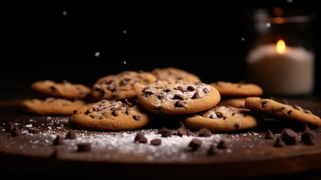 Delicious Chocolate Chip Cookies on Blurry dark Background Imageの素材