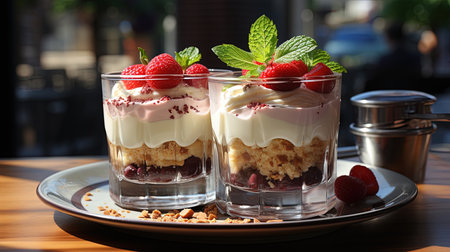 A Tray of Spoon Dessert with Cream and Strawberry in Glasses Contemporary Pastry Shop on Blurry Background Imageの素材